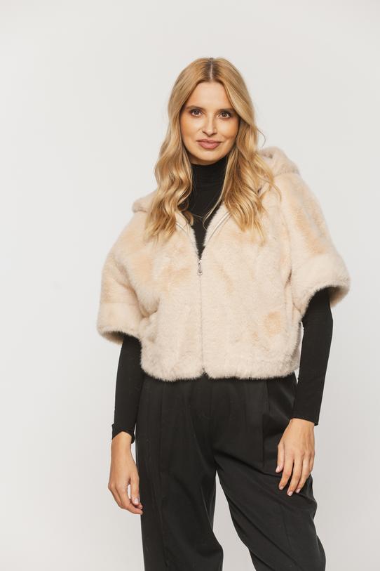 Beżowe miękkie futerko do pasa z rękawem 3/4 - 2