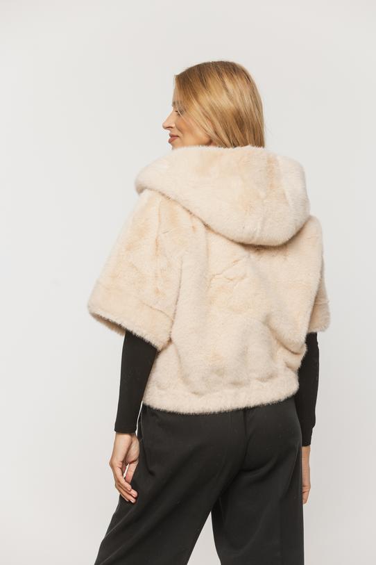 Beżowe miękkie futerko do pasa z rękawem 3/4 - 4