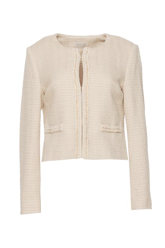 Beżowy żakiet  w stylu chanel z ozdobną taśmą - 1