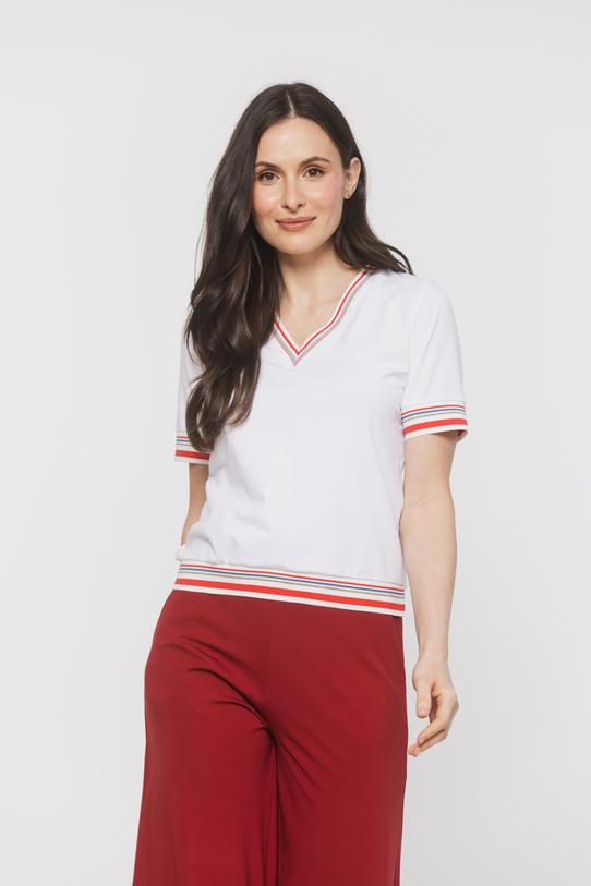 Biała dzianinowa bluzka z kontrastowym ściągaczem - 2