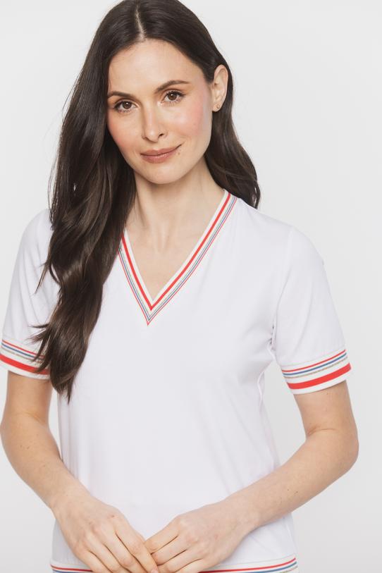 Biała dzianinowa bluzka z kontrastowym ściągaczem - 4