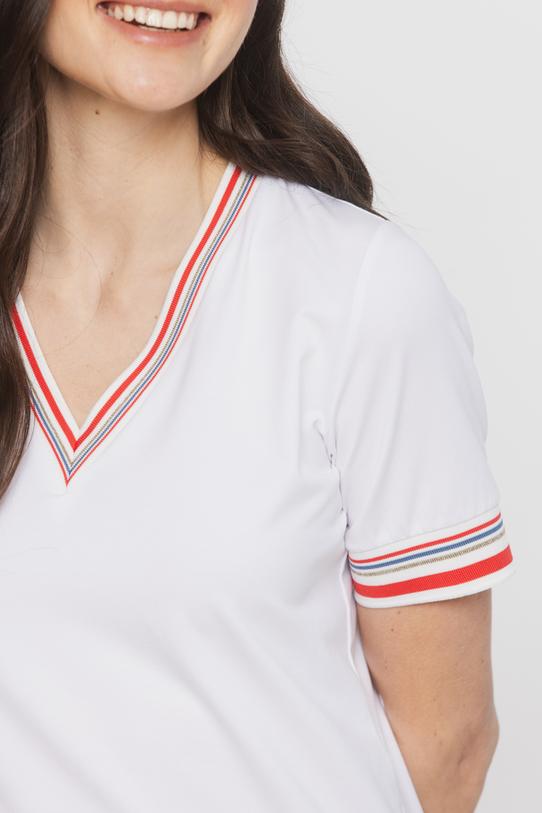 Biała dzianinowa bluzka z kontrastowym ściągaczem - 5