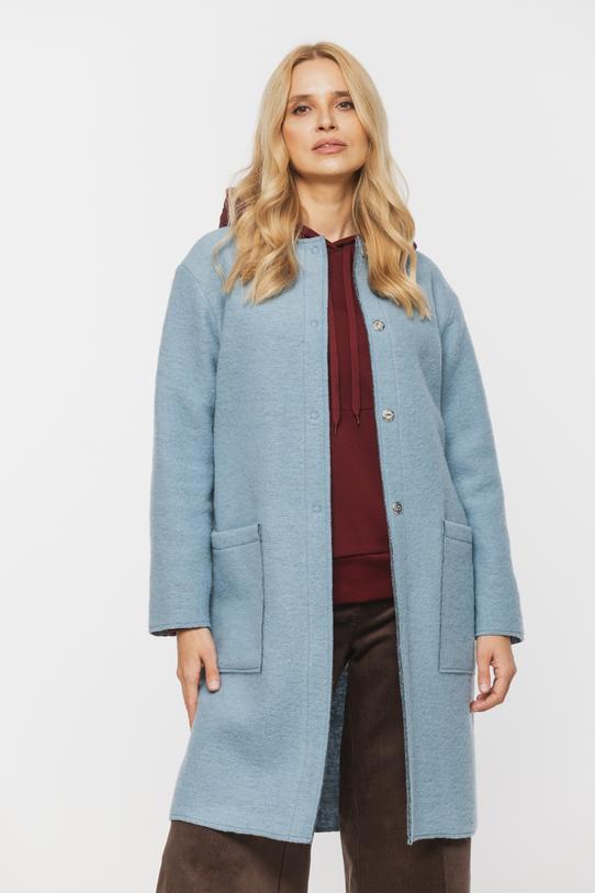 Błękitny jesienny płaszcz z wełny zapinany na napy - 2