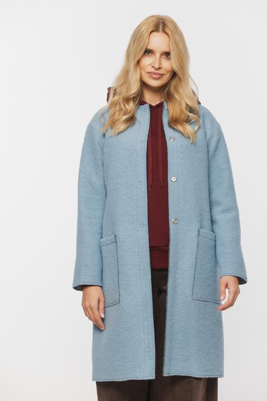 Błękitny jesienny płaszcz z wełny zapinany na napy - 3