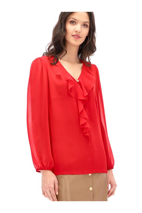 Czerwona bluzka z efektowym żabotem - 2