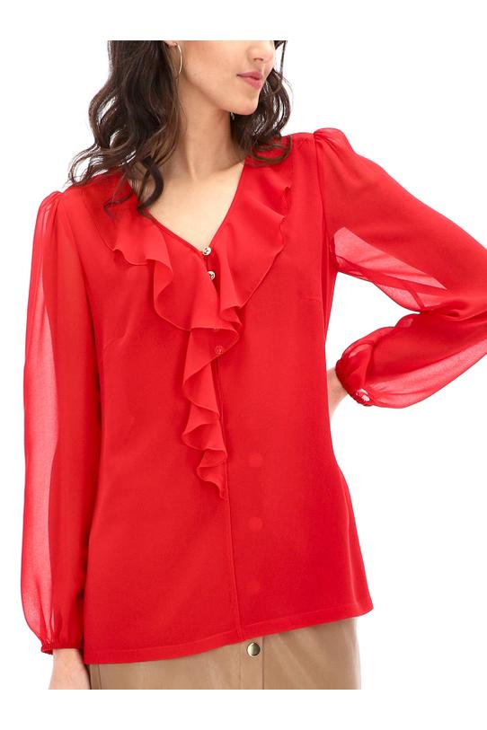 Czerwona bluzka z efektowym żabotem - 3