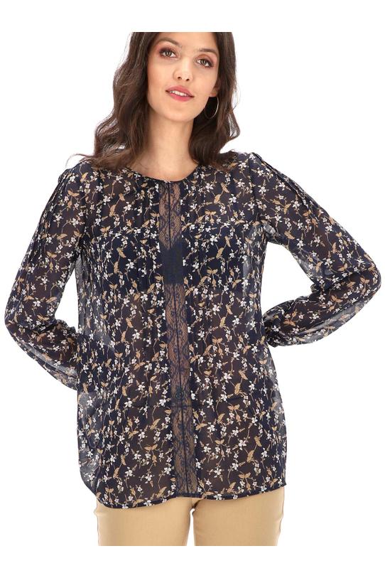 Kwiecista bluzka z szerokimi rękawami i koronkową wstawką - 3