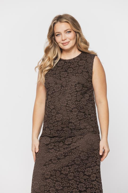 Bluzka bez rękawa z brązowej kwiecistej koronki - 2