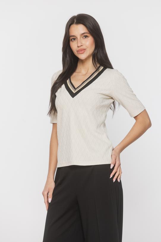 Bluzka ecru z dzianiny sweterkowej z dekoracyjnym ściągaczem - 2