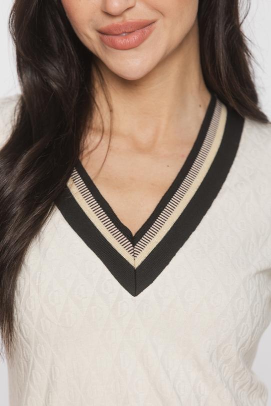 Bluzka ecru z dzianiny sweterkowej z dekoracyjnym ściągaczem - 5