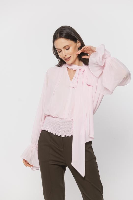 Szyfonowa bluzka z szalem i ozdobnie wykończonymi rękawami - 2