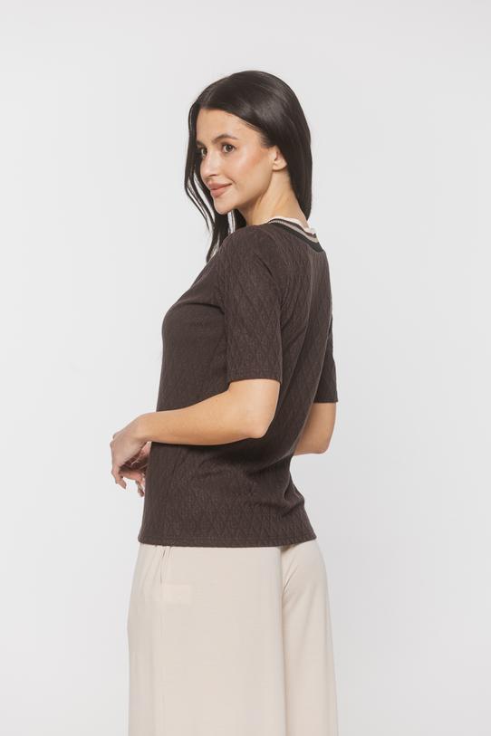 Bluzka z brązowej dzianiny sweterkowej z dekoracyjnym ściągaczem - 3