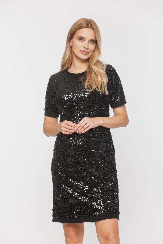 Błyszcząca czarna sukienka z cekinami i krótkim rękawem - 2