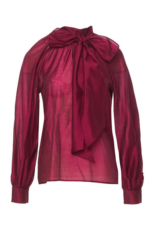 Bordowa stylowa bluzka z ozdobnym wiązaniem i bufiastym rękawem - 1