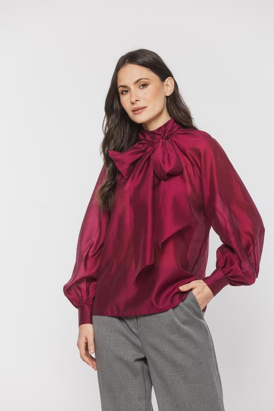 Bordowa stylowa bluzka z ozdobnym wiązaniem i bufiastym rękawem - 3