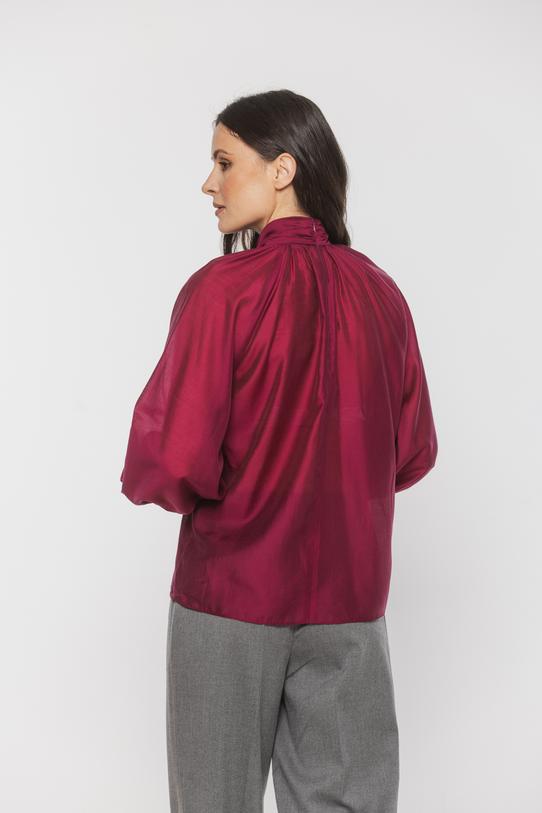 Bordowa stylowa bluzka z ozdobnym wiązaniem i bufiastym rękawem - 7