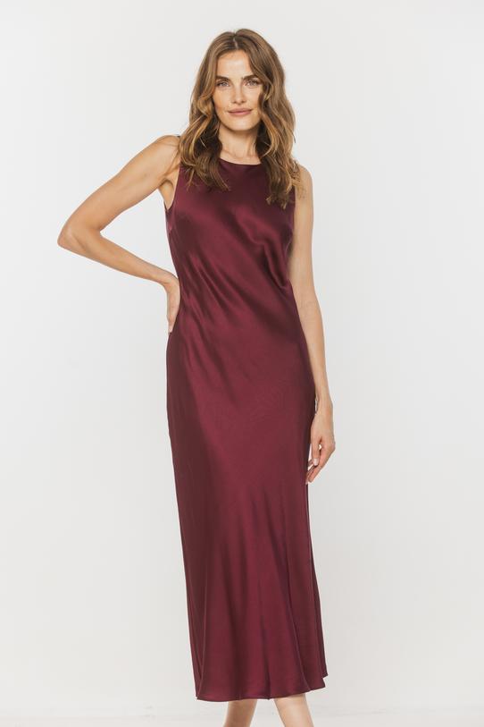Bordowa satynowa sukienka midi z okrągłym dekoltem - 2