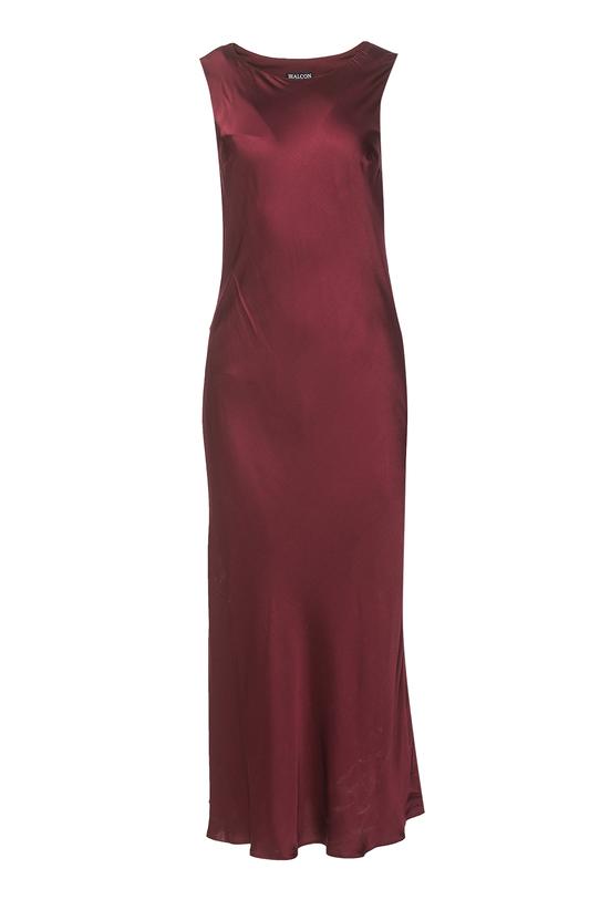 Bordowa satynowa sukienka midi z okrągłym dekoltem - 1
