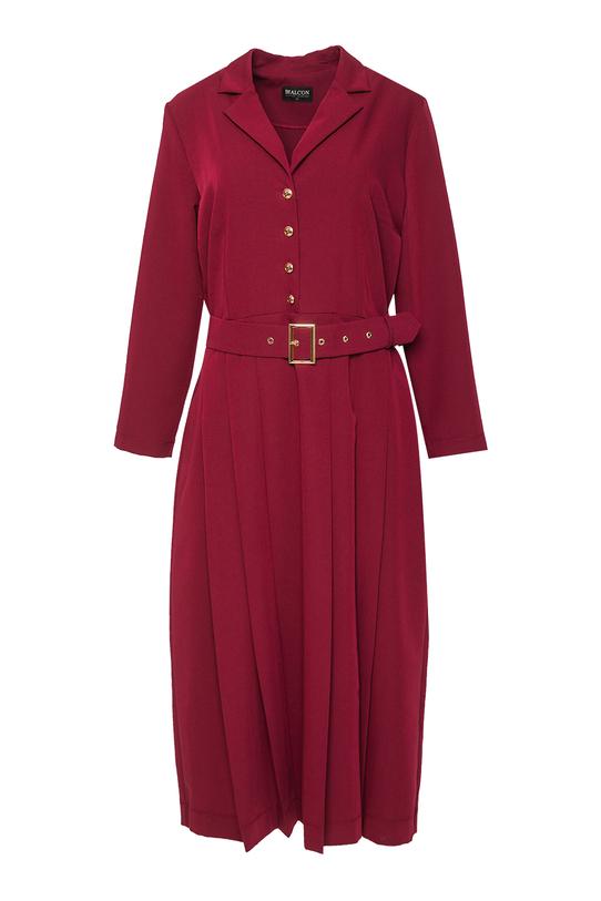 Bordowa sukienka midi z paskiem i zakładkami - 1