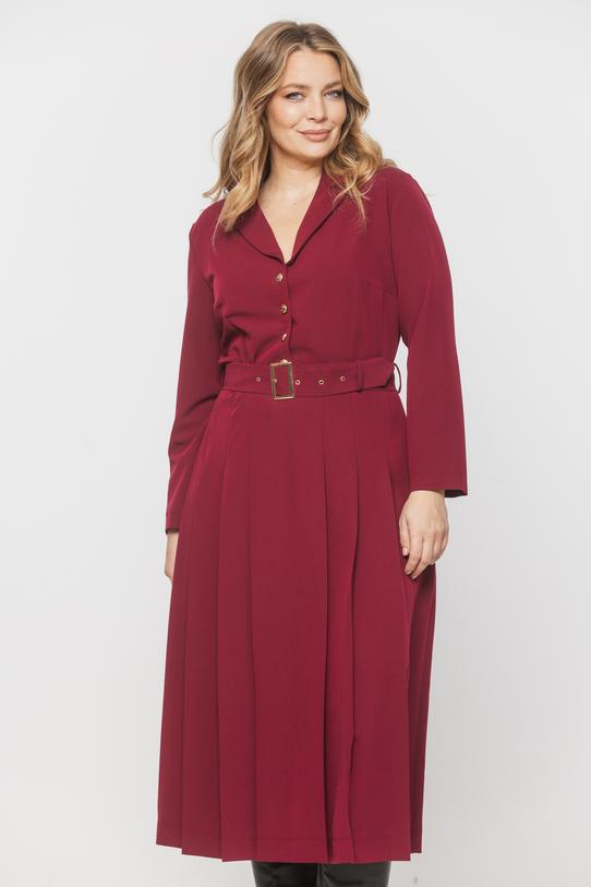 Bordowa sukienka midi z paskiem i zakładkami - 2