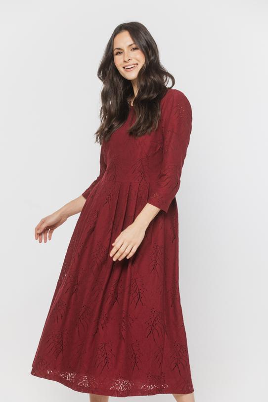 Bordowa wizytowa sukienka z matowej bawełnianej koronki - 2
