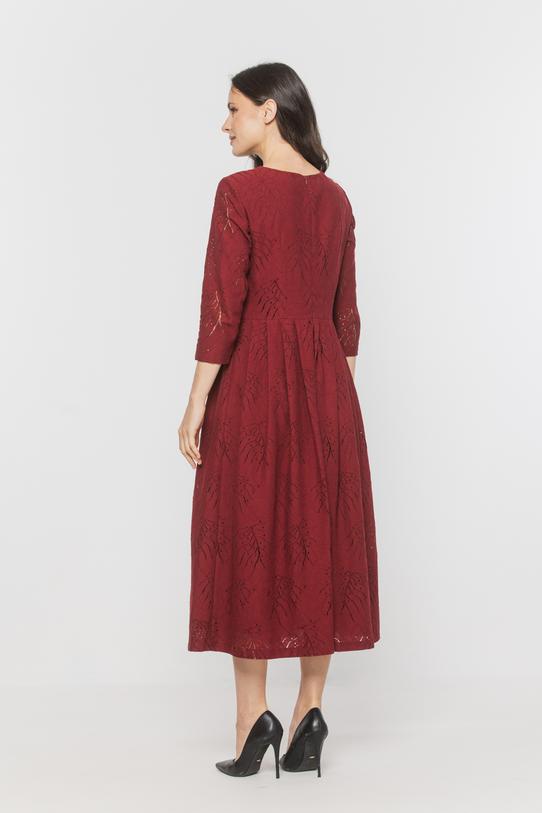 Bordowa wizytowa sukienka z matowej bawełnianej koronki - 3