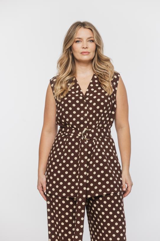 Wizualizacja Brązowa bluzka w groszki z paskiem w talii