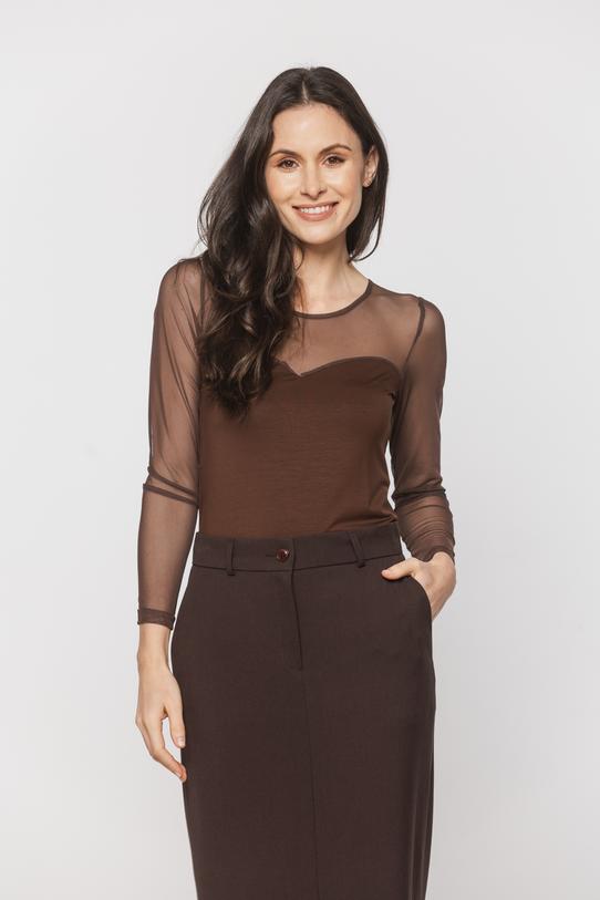 Brązowa bluzka z transparentnej siateczki i dzianiny - 4