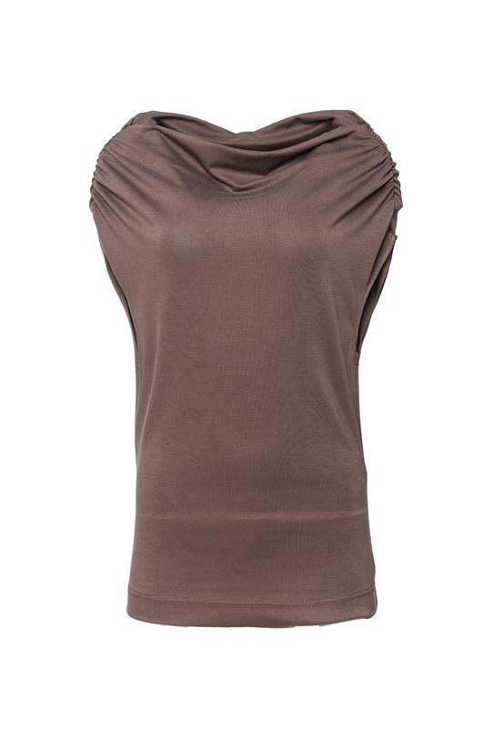 Brązowa dzianinowa bluzka z marszczeniem na ramionach - 1