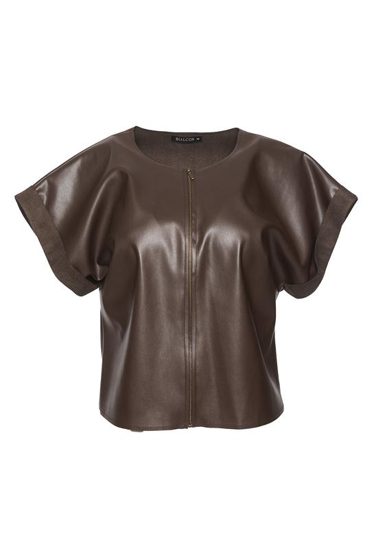 Brązowa krótka kamizelka z tkaniny skóropodobnej - 1