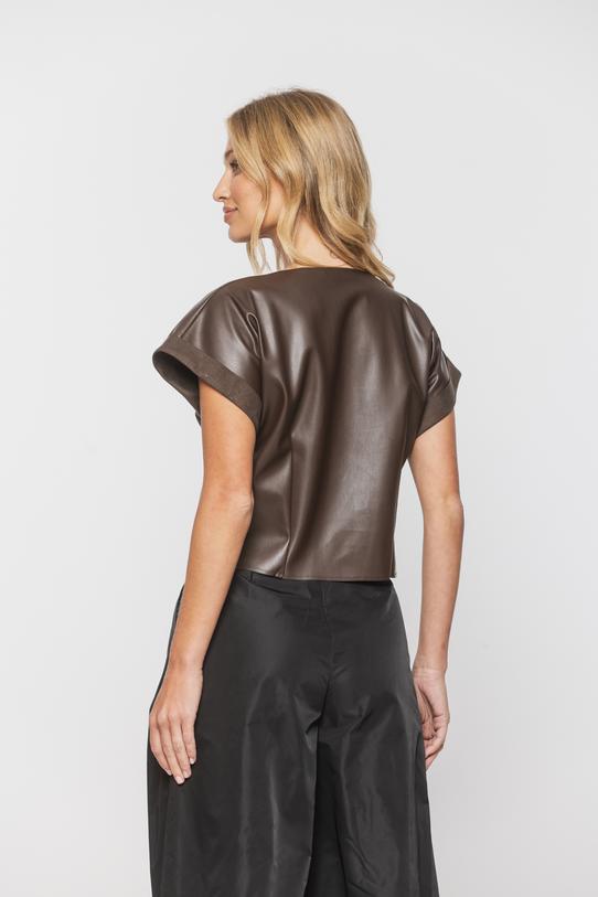 Brązowa krótka kamizelka z tkaniny skóropodobnej - 3