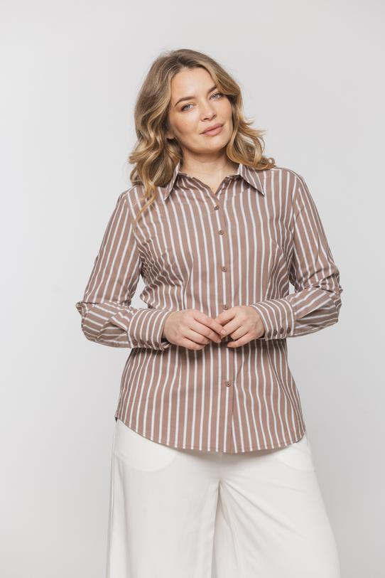 Brązowa taliowana koszula z bawełny w paski - 2