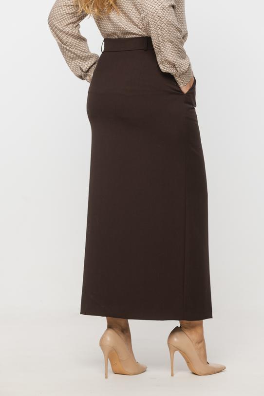 Brązowa tkaninowa spódnica midi z rozporkiem z przodu - 3