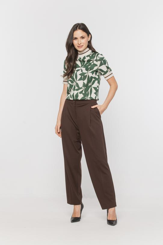 Wizualizacja Brązowe dzianinowe spodnie w kant z gumką w pasie