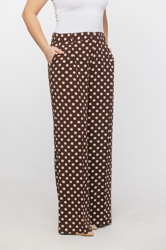 Brązowe letnie spodnie w beżowe groszki - 2