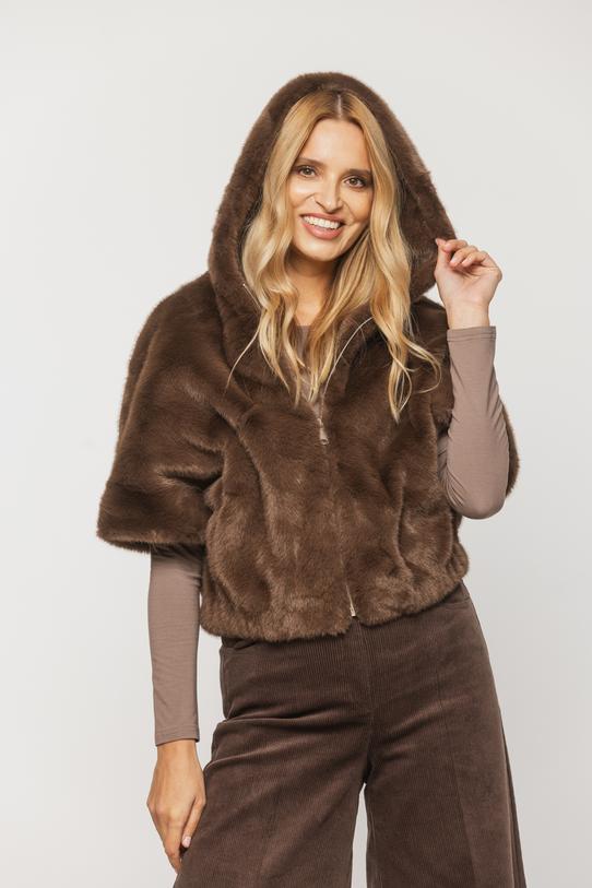 Brązowe miękkie futerko do pasa z rękawem 3/4 - 2