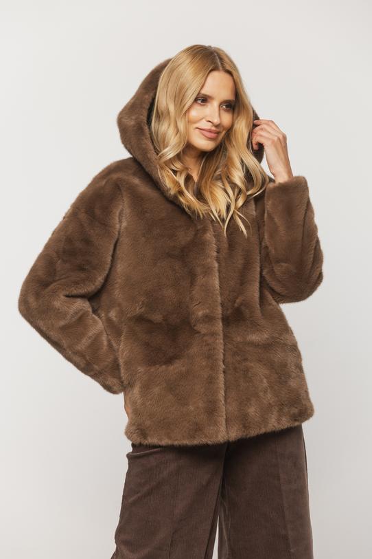 Brązowe stylowe futerko z praktycznym kapturem - 2