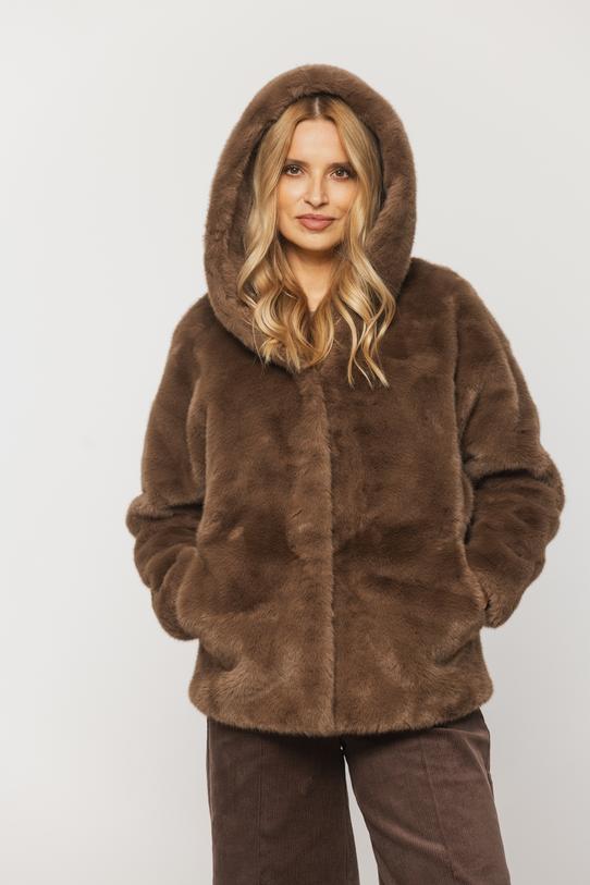 Brązowe stylowe futerko z praktycznym kapturem - 3