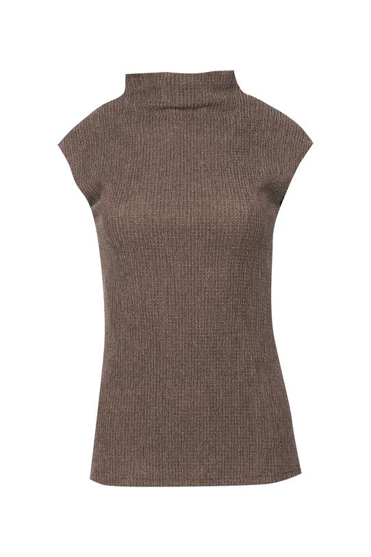 Brązowy półgolf bez rękawa z fakturowanej dzianiny - 1