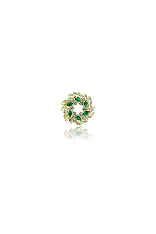 common:product-alt-prefix A stylish round gold brooch with green cubic zirconia stones