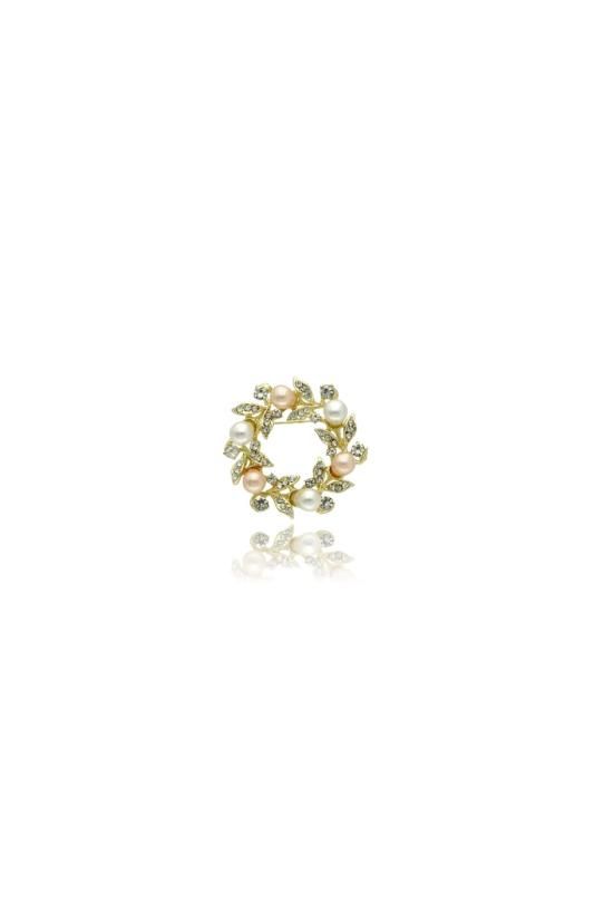 common:product-alt-prefix A gold brooch in the shape of a wreath with powder-coloured pearls