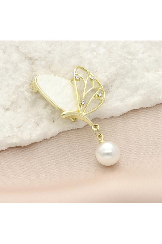An elegant gold butterfly brooch with a pearl and cubic zirconia - 1