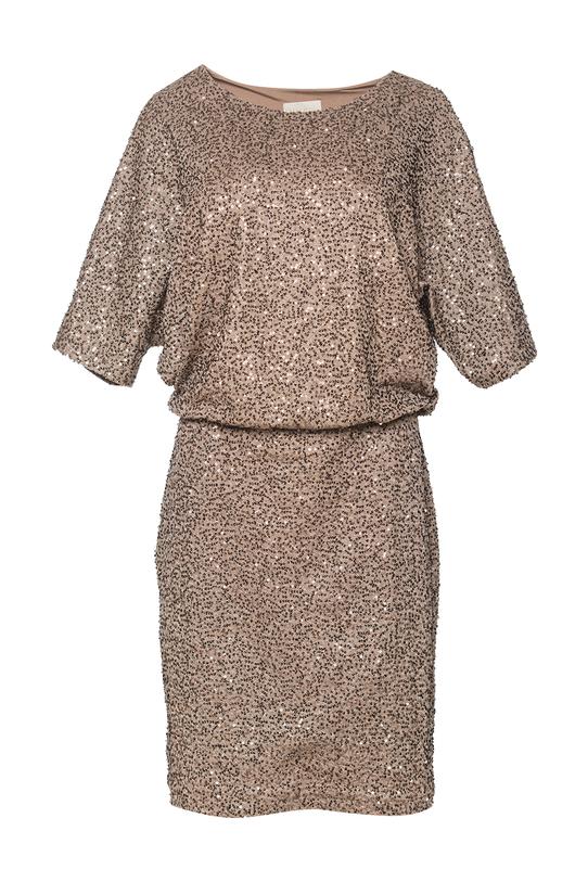 Cekinowa ciemnobeżowa sukienka z nietoperzowym rękawem - 1