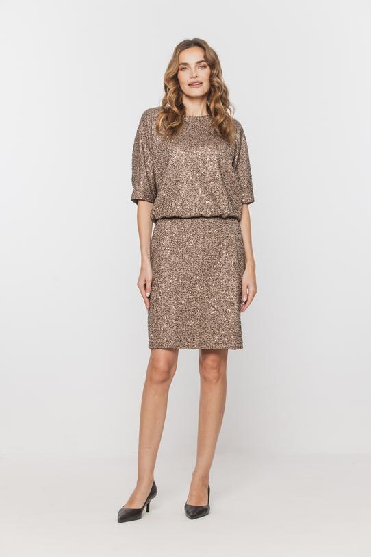 Wizualizacja Cekinowa ciemnobeżowa sukienka z nietoperzowym rękawem