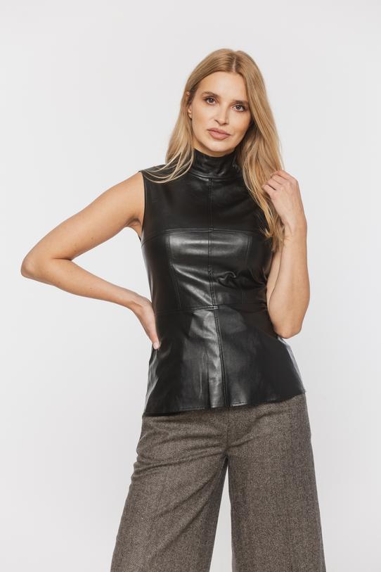 Czarna bluzka bez rękawa ze skóry ekologicznej - 2