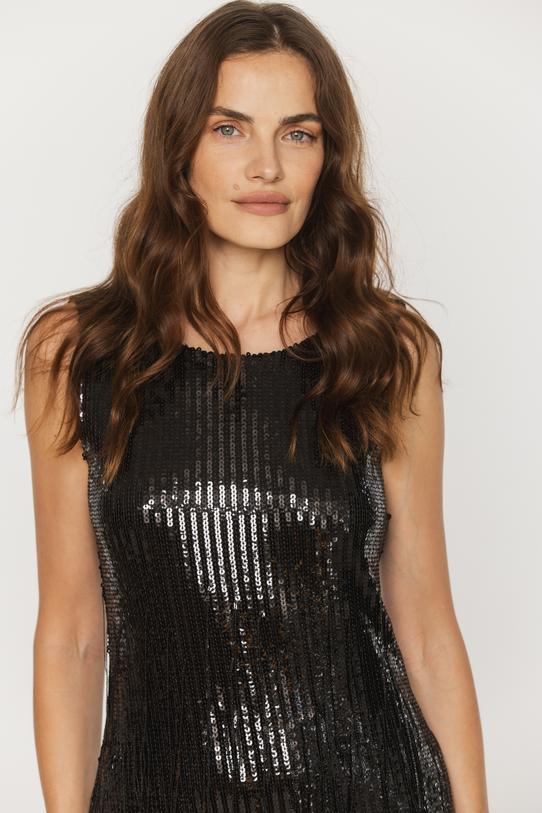 Czarna błyszcząca sukienka glamour z cekinowym wykończeniem - 5