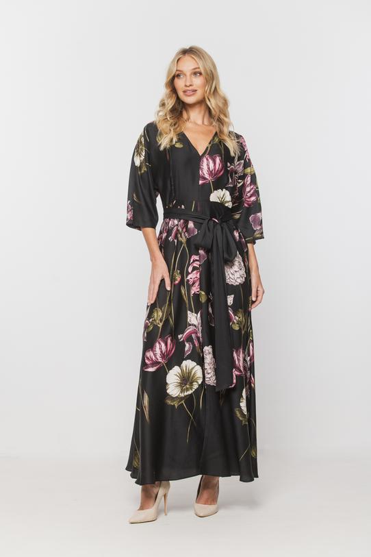 Wizualizacja Czarna długa sukienka z kwiecistej wiskozy