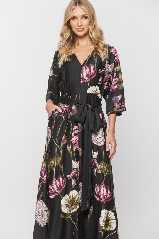 Czarna długa sukienka z kwiecistej wiskozy - 2