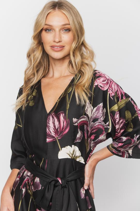 Czarna długa sukienka z kwiecistej wiskozy - 4