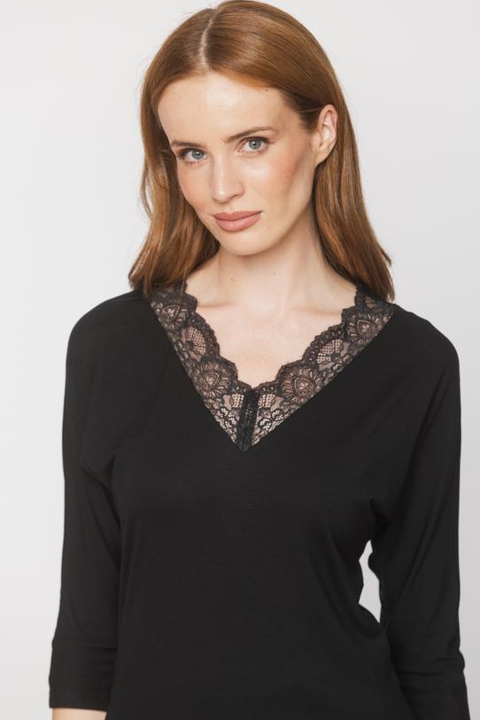 Black knit blouse with lace at the neckline - 3